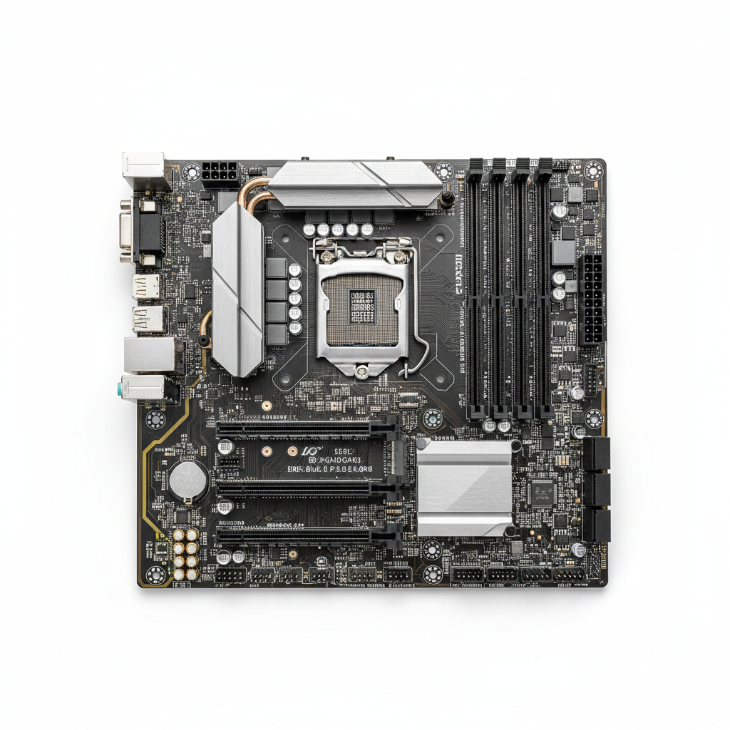 Minimal product image for e-commerce.
Single product centered.
Clean white background.
Soft studio lighting.
Very clean and modern look.
No text, no logo, no people.
Ultra realistic.
1:1 ratio.
ATX motherboard Front view