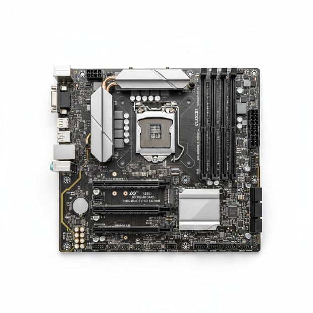 Minimal product image for e-commerce.
Single product centered.
Clean white background.
Soft studio lighting.
Very clean and modern look.
No text, no logo, no people.
Ultra realistic.
1:1 ratio.
ATX motherboard Front view
