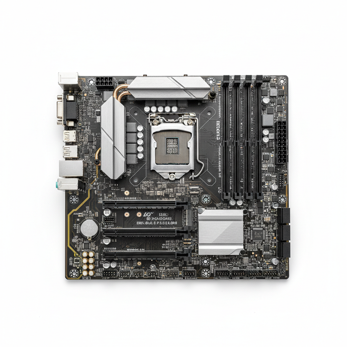 Minimal product image for e-commerce.
Single product centered.
Clean white background.
Soft studio lighting.
Very clean and modern look.
No text, no logo, no people.
Ultra realistic.
1:1 ratio.
ATX motherboard Front view