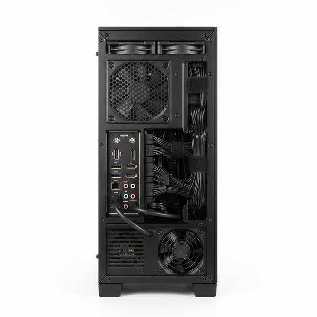 Minimal product image for e-commerce.
Single product centered.
Clean white background.
Soft studio lighting.
Very clean and modern look.
No text, no logo, no people.
Ultra realistic.
1:1 ratio.
Custom gaming PC Back view
