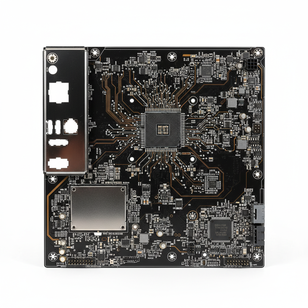 Minimal product image for e-commerce.
Single product centered.
Clean white background.
Soft studio lighting.
Very clean and modern look.
No text, no logo, no people.
Ultra realistic.
1:1 ratio.
ATX motherboard Back view