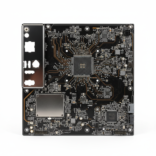 Minimal product image for e-commerce.
Single product centered.
Clean white background.
Soft studio lighting.
Very clean and modern look.
No text, no logo, no people.
Ultra realistic.
1:1 ratio.
ATX motherboard Back view