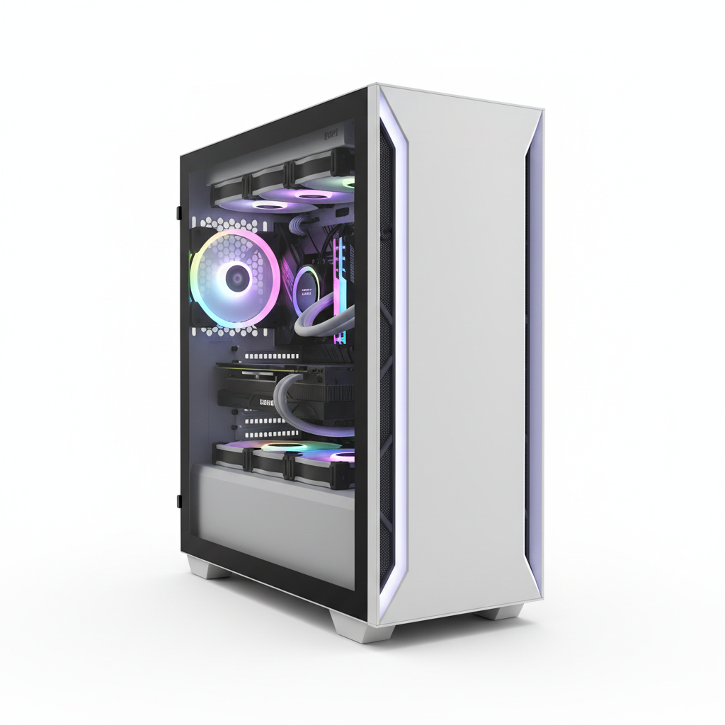 Minimal product image for e-commerce.
Single product centered.
Clean white background.
Soft studio lighting.
Very clean and modern look.
No text, no logo, no people.
Ultra realistic.
1:1 ratio.
Custom gaming PC Front view